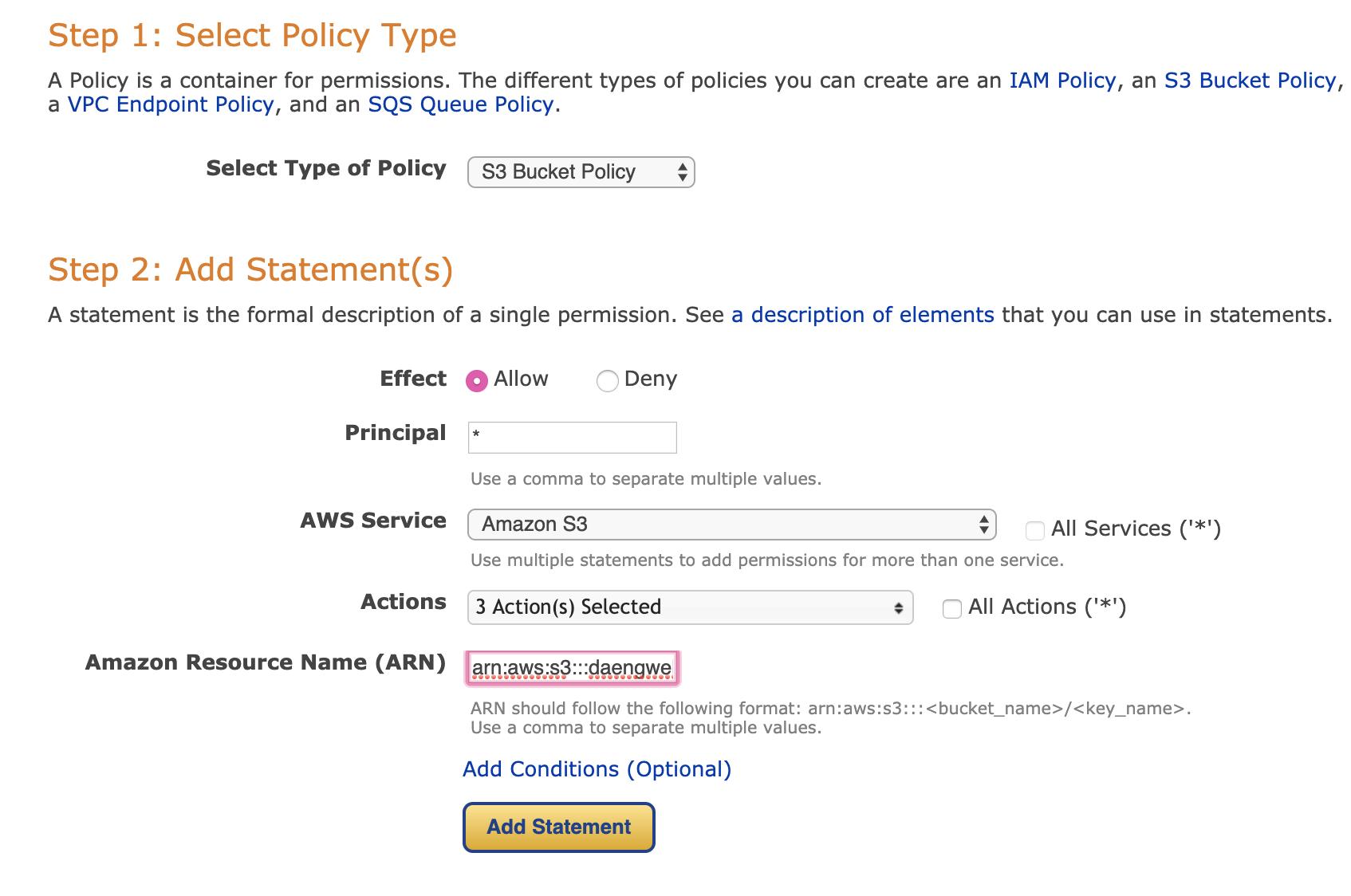 amazon s3 setup policy